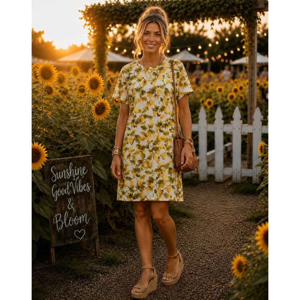 Boohoo Women's‎ Size 12 White Lemon Print Short Sleeve Shift Dress Garden Picnic